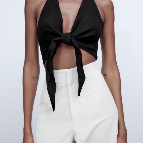 Zara Black Linen Halter Top 100% linen Front tie closure at hem Sz M - Picture 1 of 5